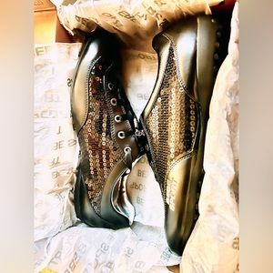 New Authentic BeBe Sneakers, in black with black sequins. In its original box.